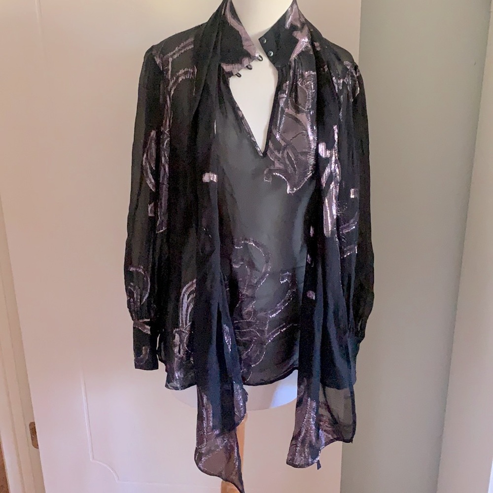 CHOICE metallic and black sheer tie neck blouse